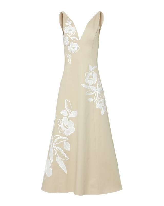 Floral-Embroidered V-Neck Midi Dress